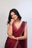 Luxury Wine Red Satin Checkered Saree with Designer Diamond Work Border & Blouse