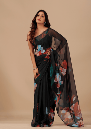 Black Soft Organza Saree With Floral Print