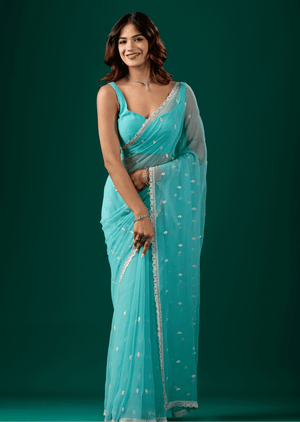 Sky Blue Chiffon Saree With Floral Embroidery