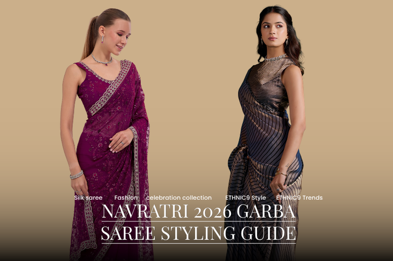 Navratri 2026 Garba saree styling guide featuring women wearing elegant purple and teal sarees