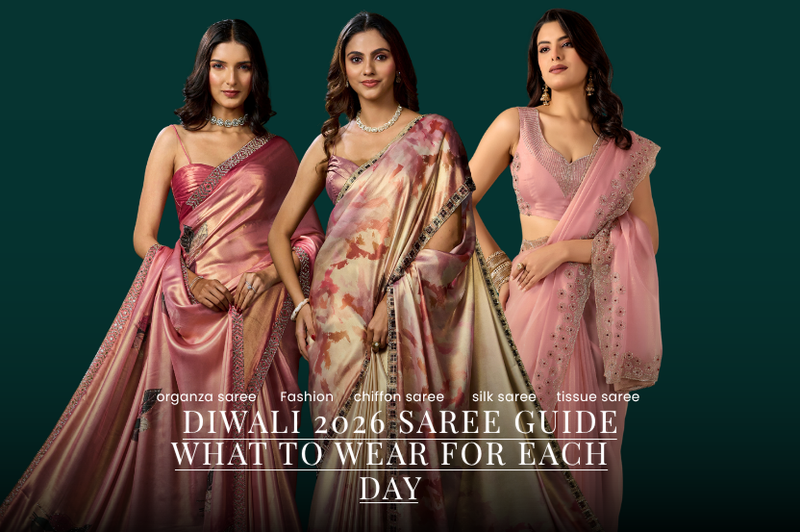 Diwali 2026 saree guide featuring three women in elegant pink, rose gold, and pastel floral sarees for festive Indian ethnic wear.