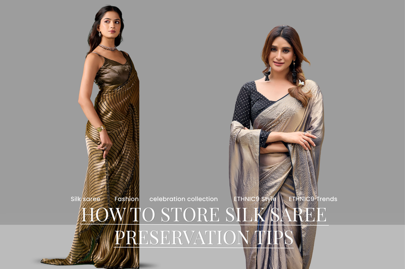 Two women in golden brown and grey silk sarees for silk saree preservation tips