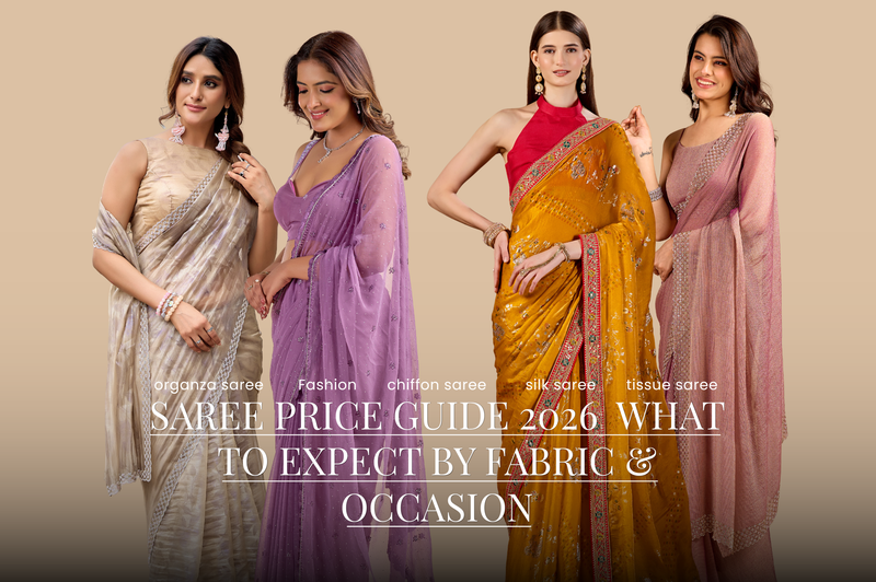 Four women in grey, purple, mustard and pink sarees for saree price guide 2026