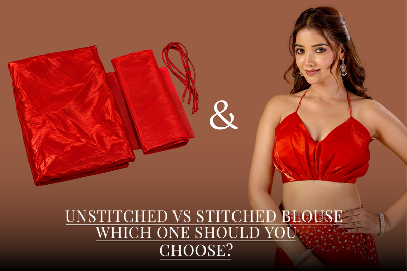 Red unstitched blouse fabric and a woman in a red stitched blouse for unstitched vs stitched blouse