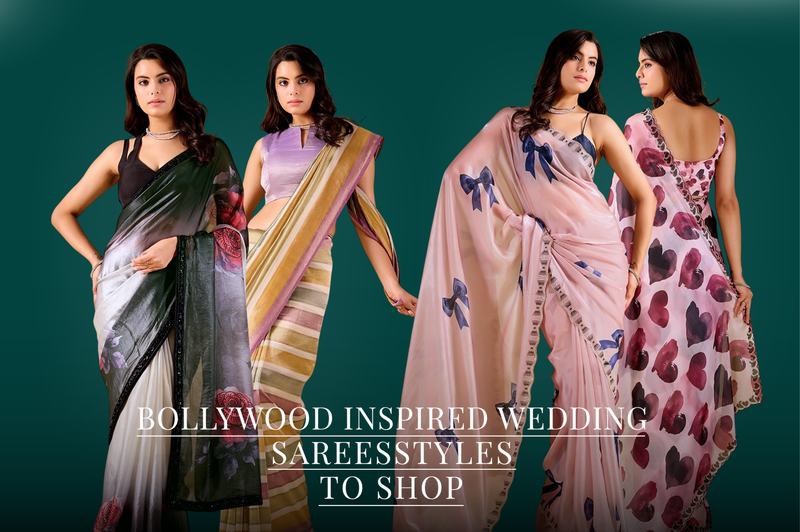 Three women in grey, striped and pink floral sarees for Bollywood inspired wedding sarees