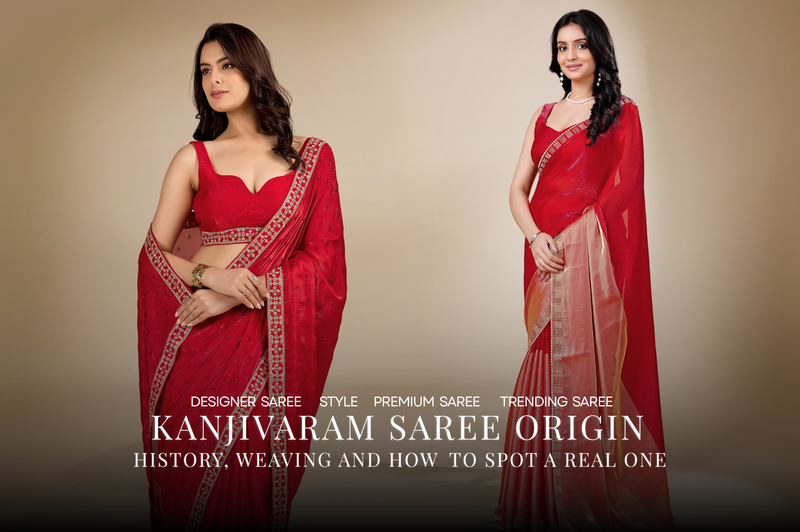 Two women wearing elegant red Kanjivaram sarees with intricate gold borders, featured in an Ethnic9 fashion banner about Kanjivaram saree origin, history, weaving techniques, and how to identify an authentic saree.