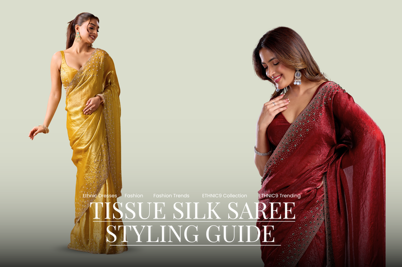 Two women in a golden yellow and a deep red tissue silk saree for a styling guide