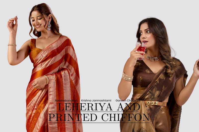 Two women in an orange striped leheriya saree and a brown printed chiffon saree