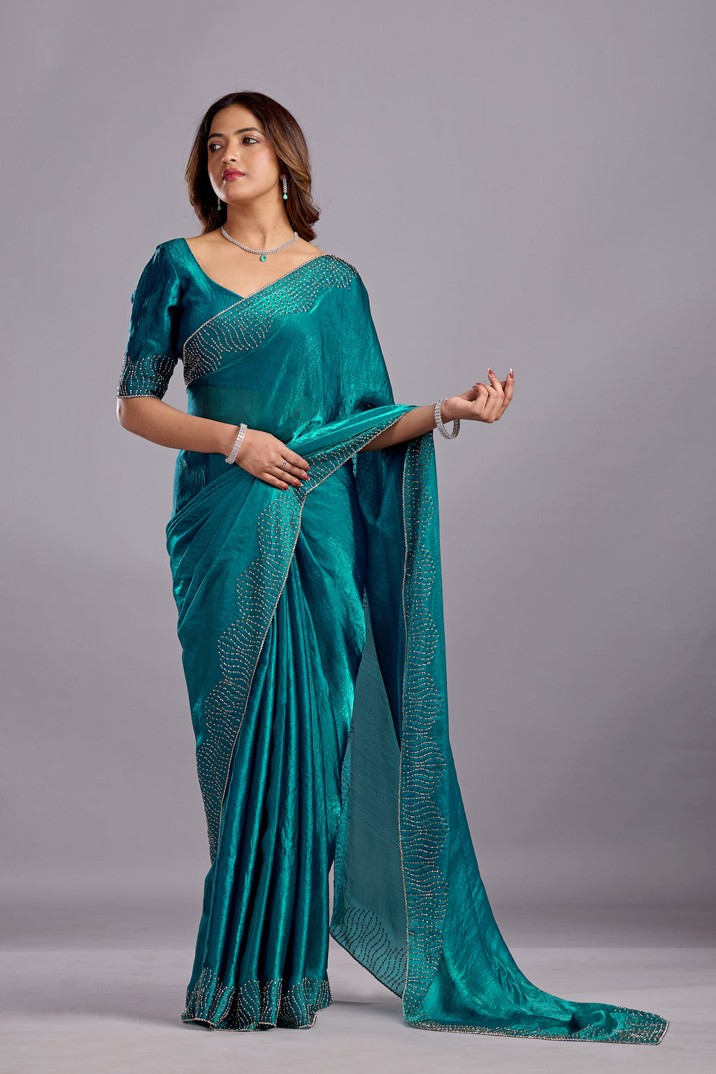 Teal Blue Tissue Silk Saree With Stone Work