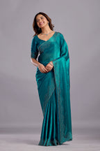 Teal Blue Tissue Silk Saree With Stone Work