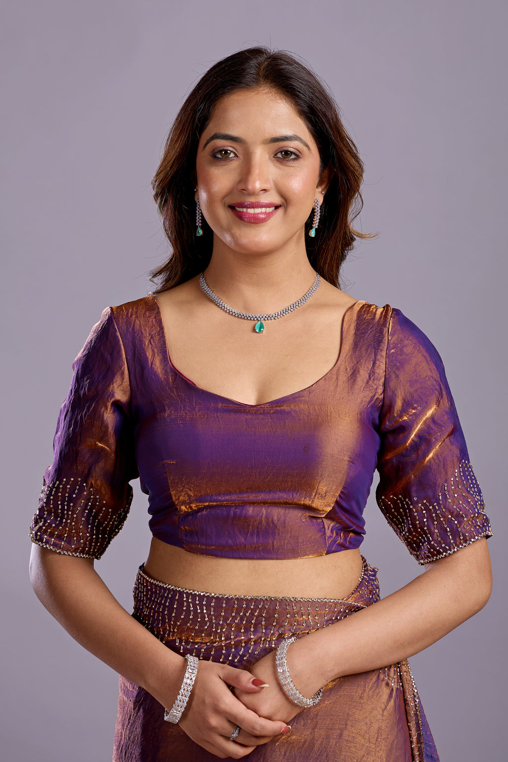 Copper Purple Tissue Silk Saree With Stone Work