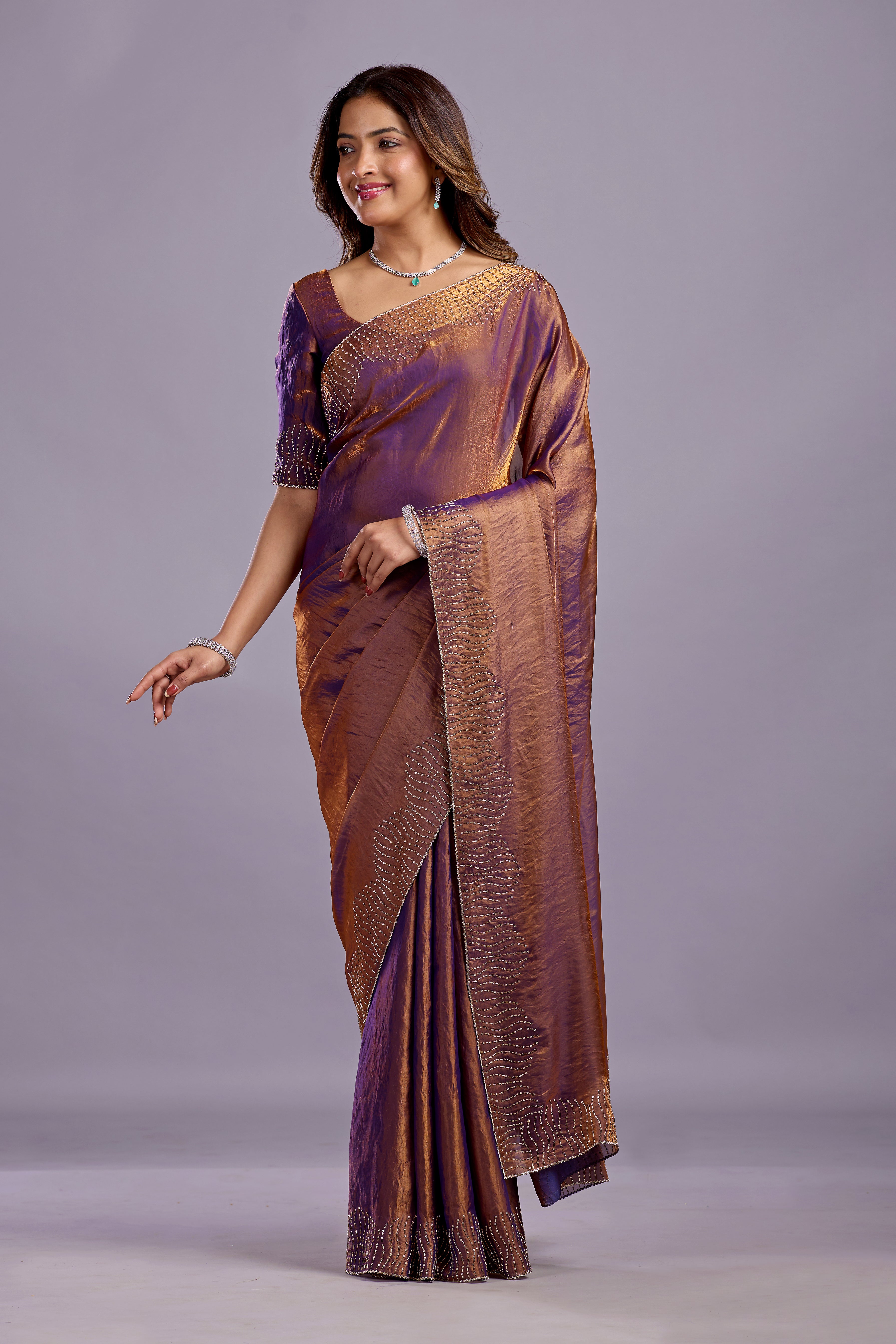 Copper Purple Tissue Silk Saree With Stone Work