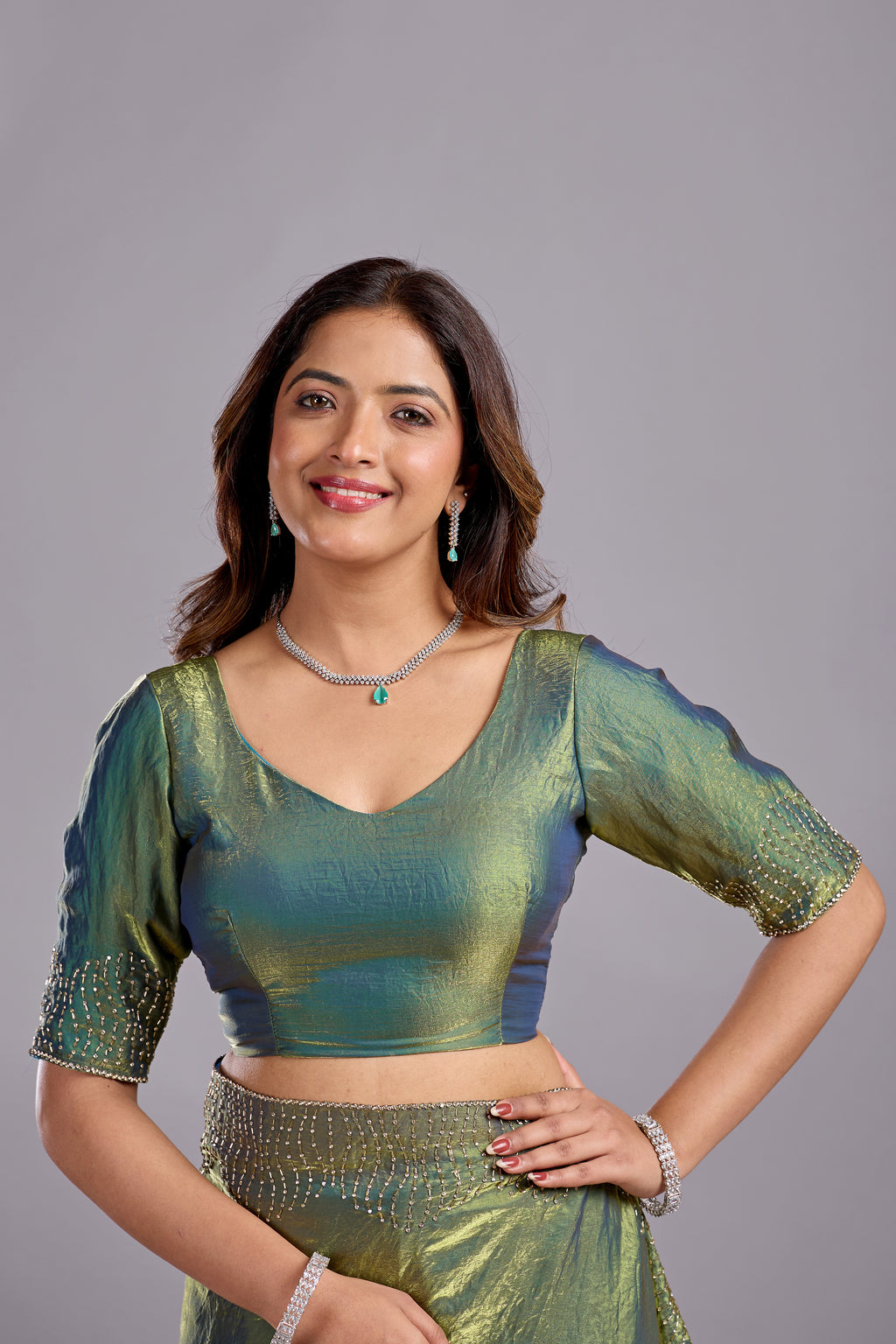 Olive Green Tissue Silk Saree With Stone Work