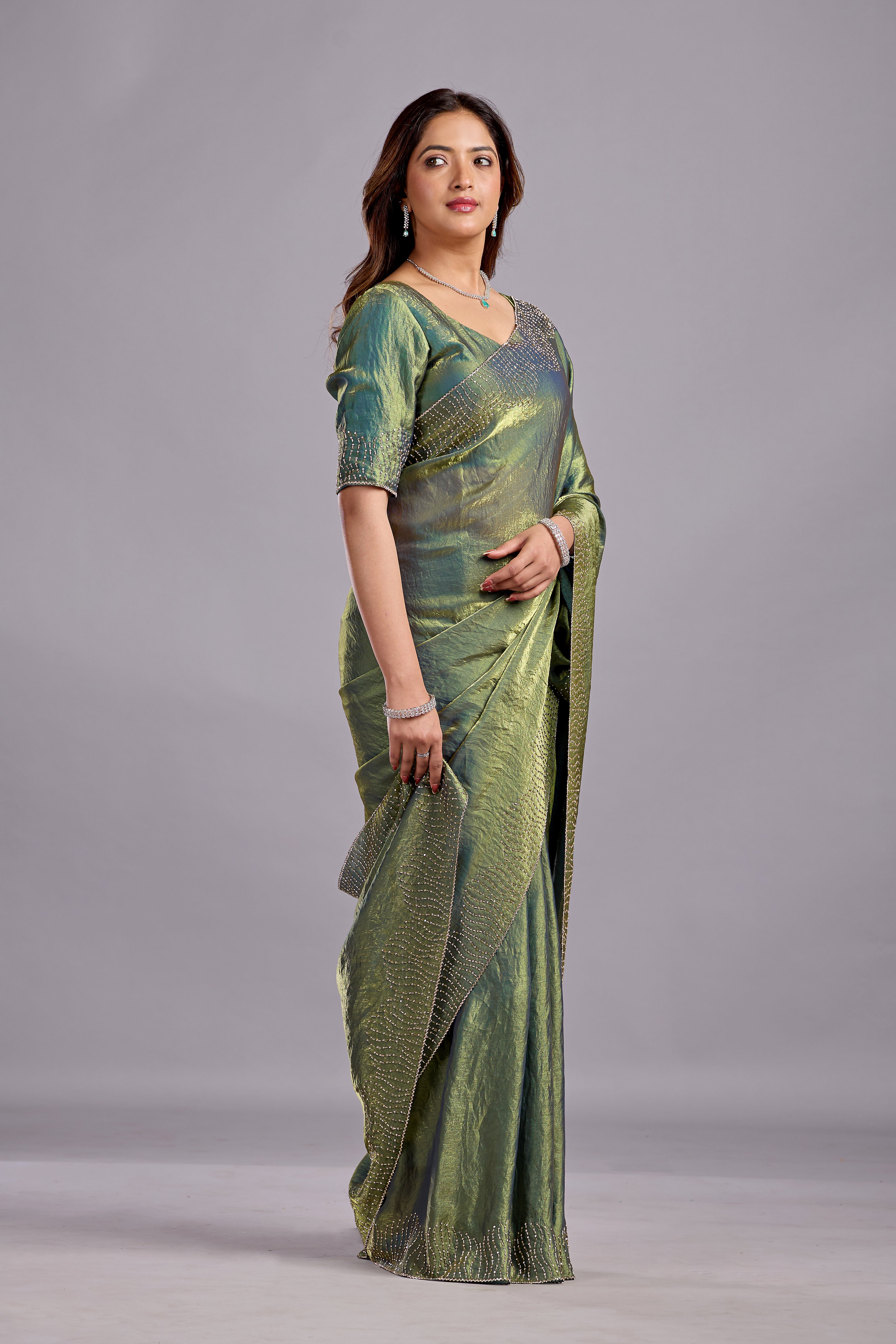 Olive Green Tissue Silk Saree With Stone Work