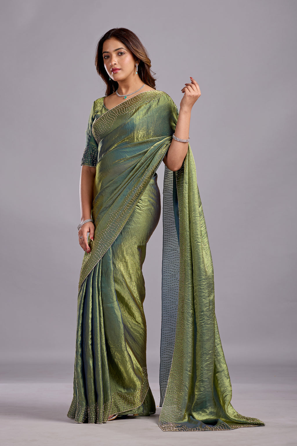 Olive Green Tissue Silk Saree With Stone Work