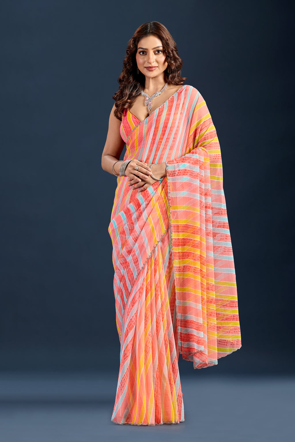Yellow Red Chiffon Saree With Stone Work