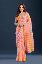 Yellow Red Chiffon Saree With Stone Work