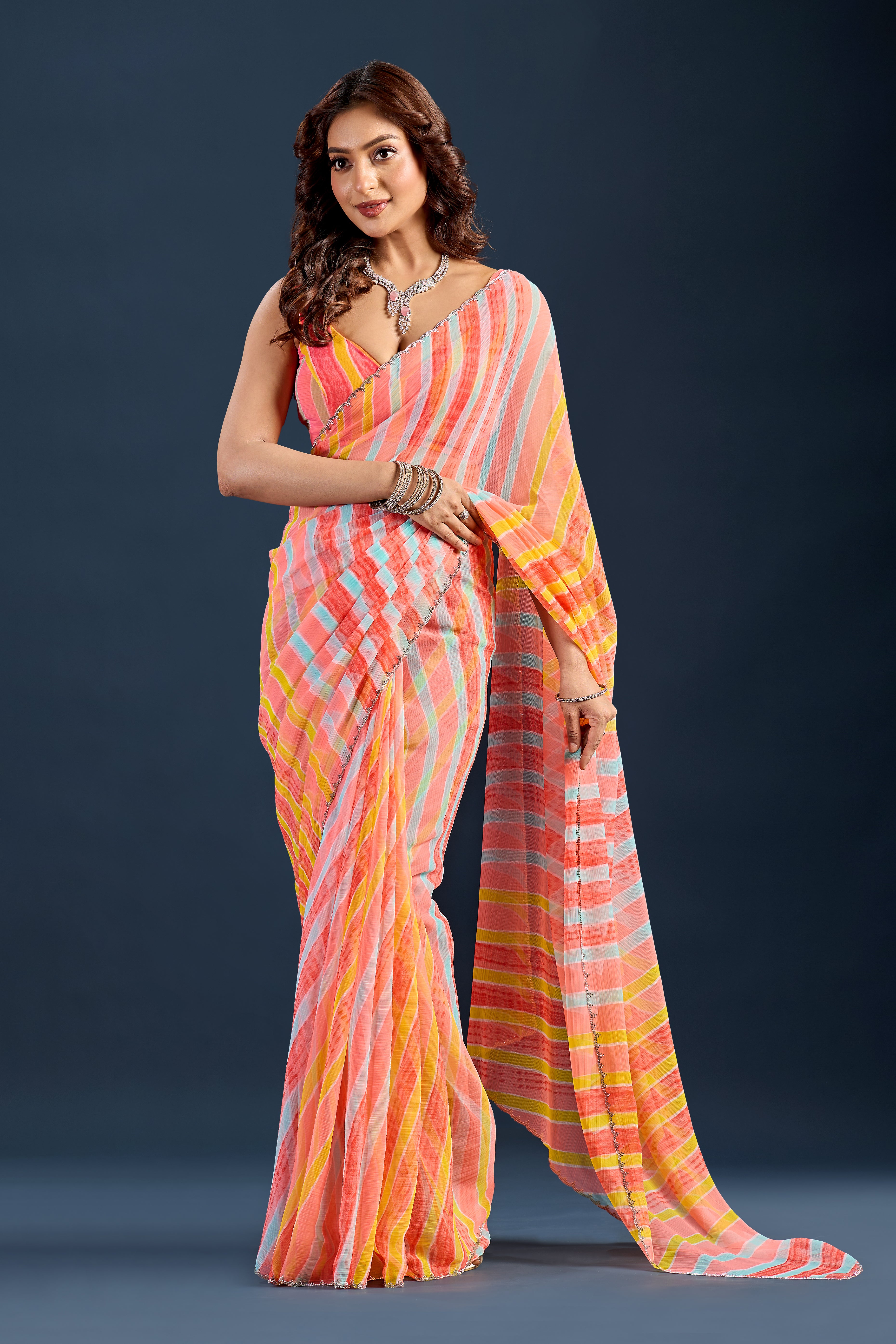 Yellow Red Chiffon Saree With Stone Work