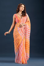 Yellow Red Chiffon Saree With Stone Work