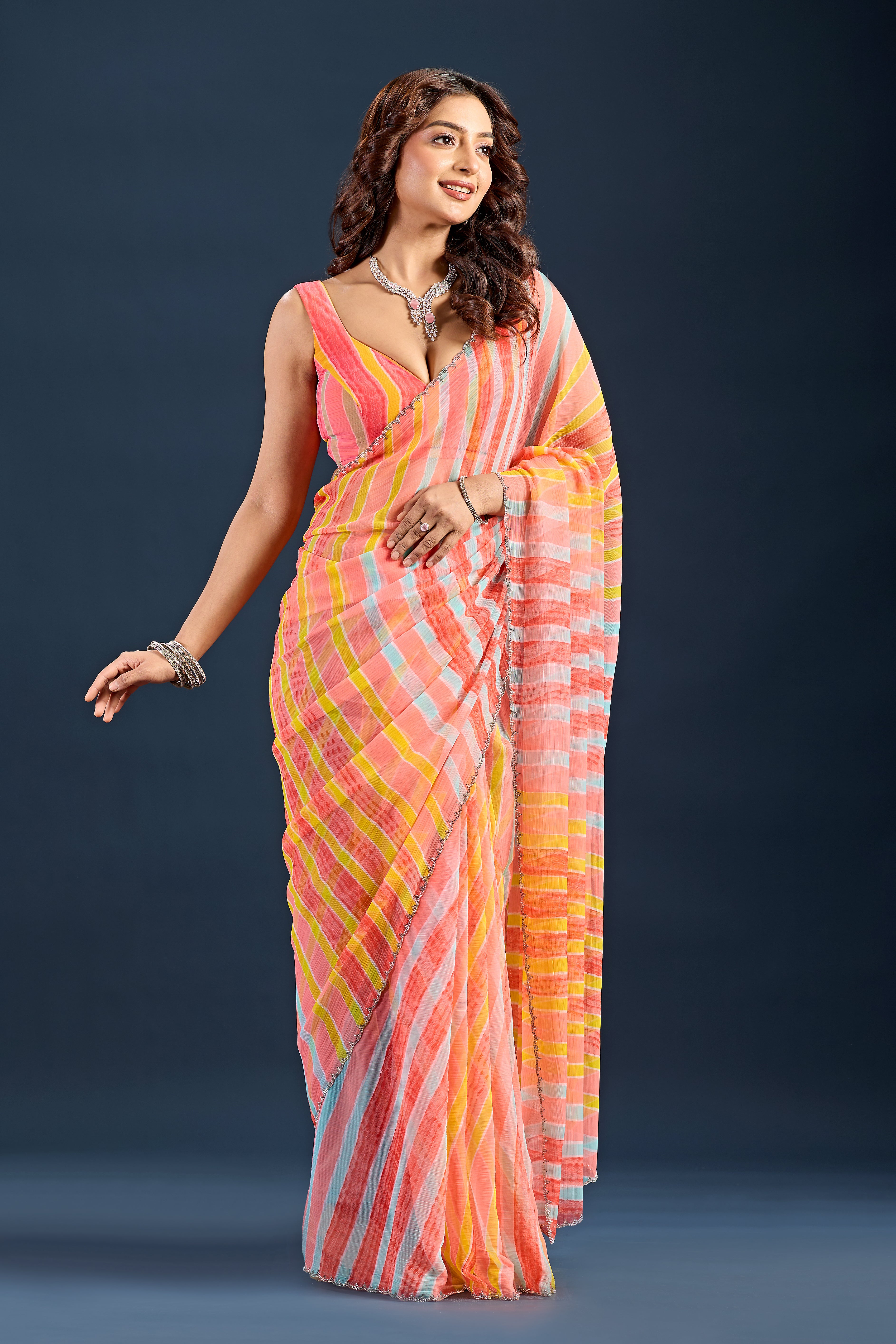 Yellow Red Chiffon Saree With Stone Work
