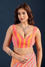 Yellow Red Chiffon Saree With Stone Work