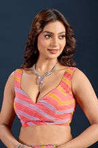 Baby Pink Chiffon Saree With Striped Print