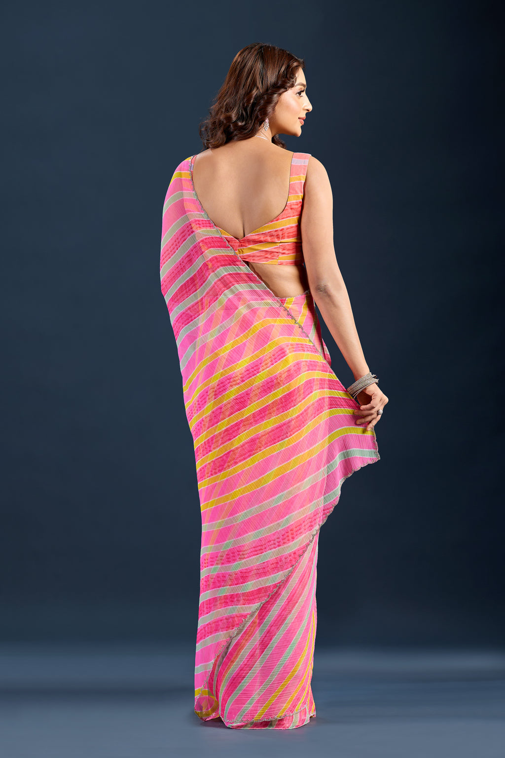 Baby Pink Chiffon Saree With Striped Print