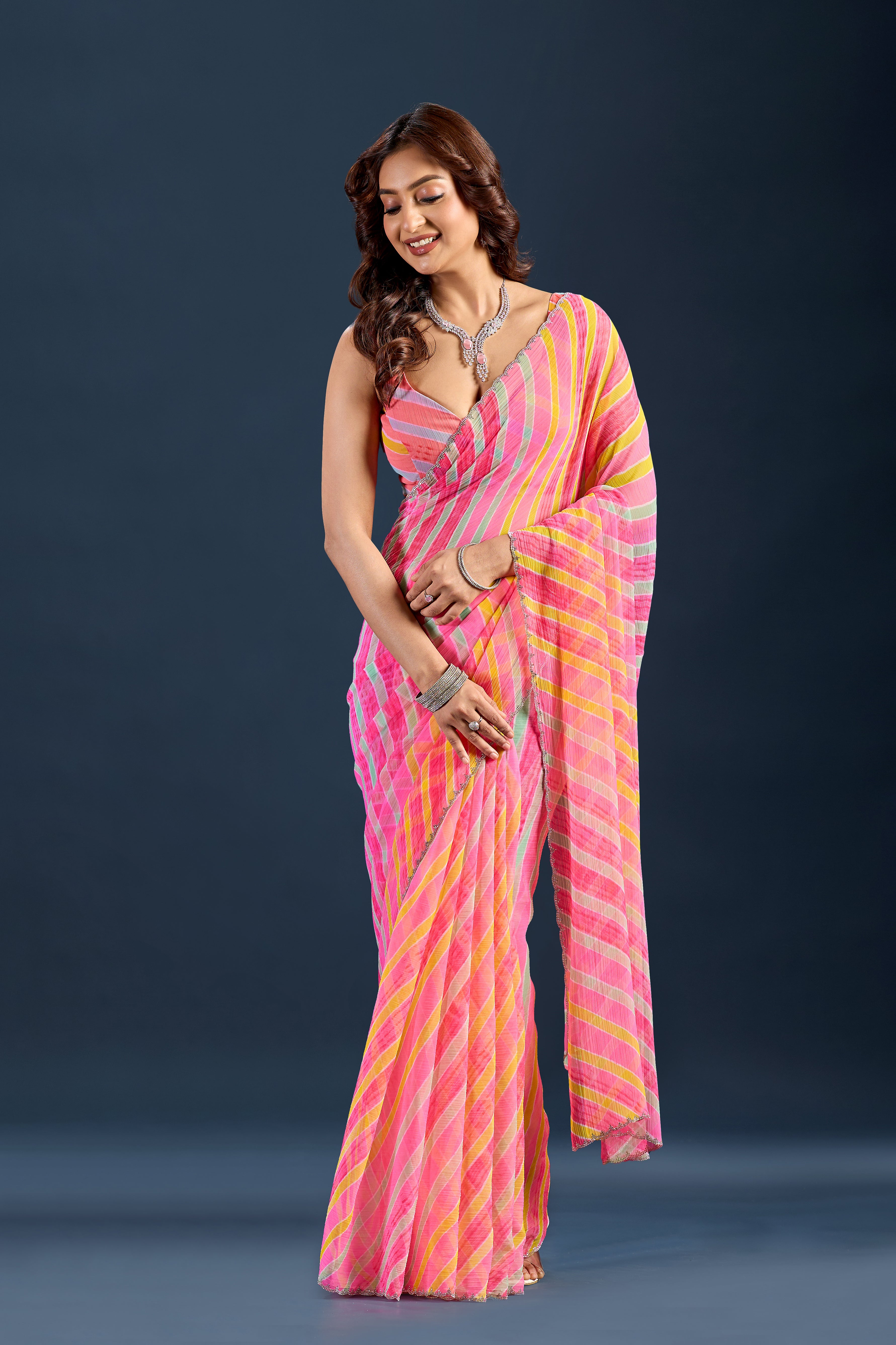 Baby Pink Chiffon Saree With Striped Print