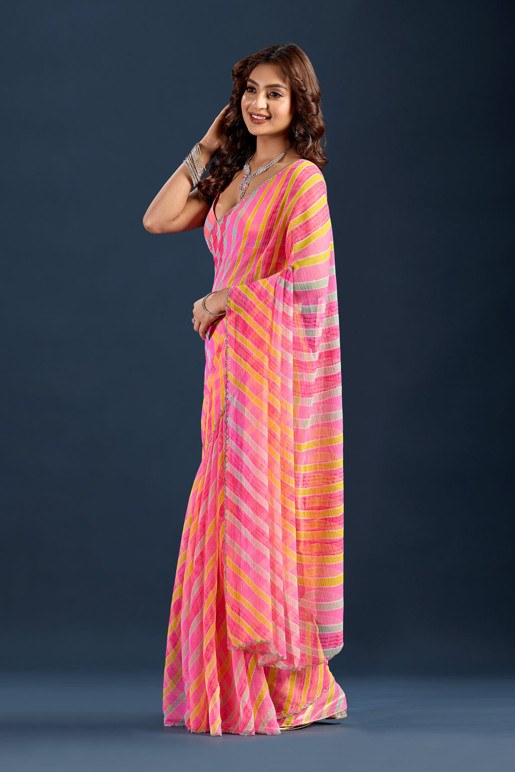 Baby Pink Chiffon Saree With Striped Print