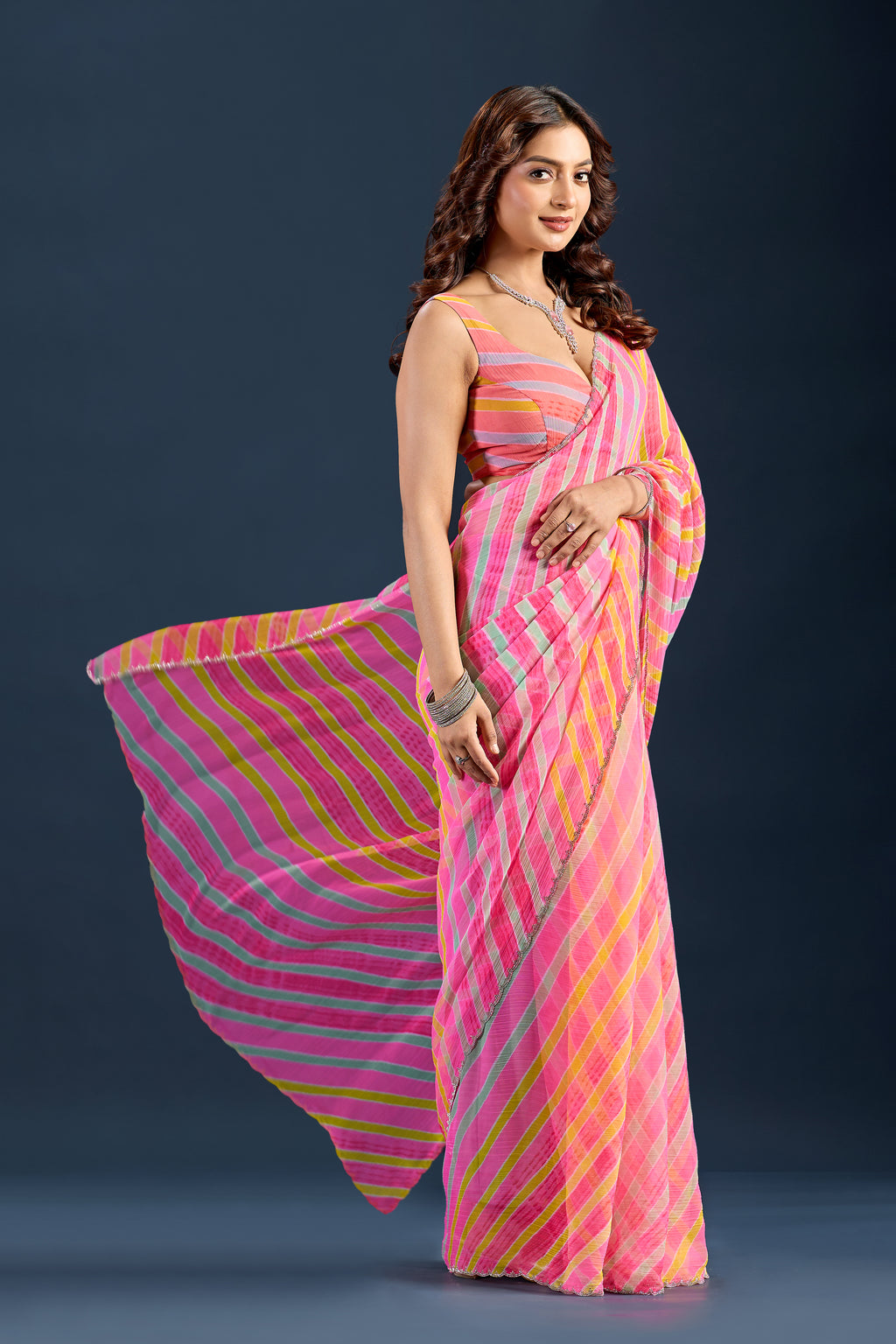 Baby Pink Chiffon Saree With Striped Print