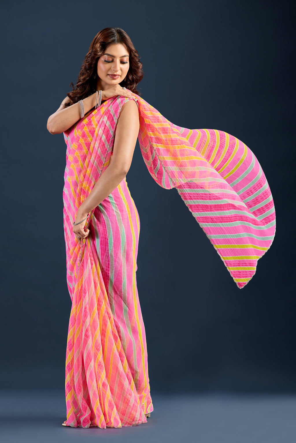 Baby Pink Chiffon Saree With Striped Print