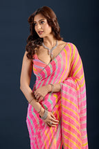 Baby Pink Chiffon Saree With Striped Print