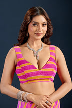 Rani Pink Chiffon Saree With Striped Print
