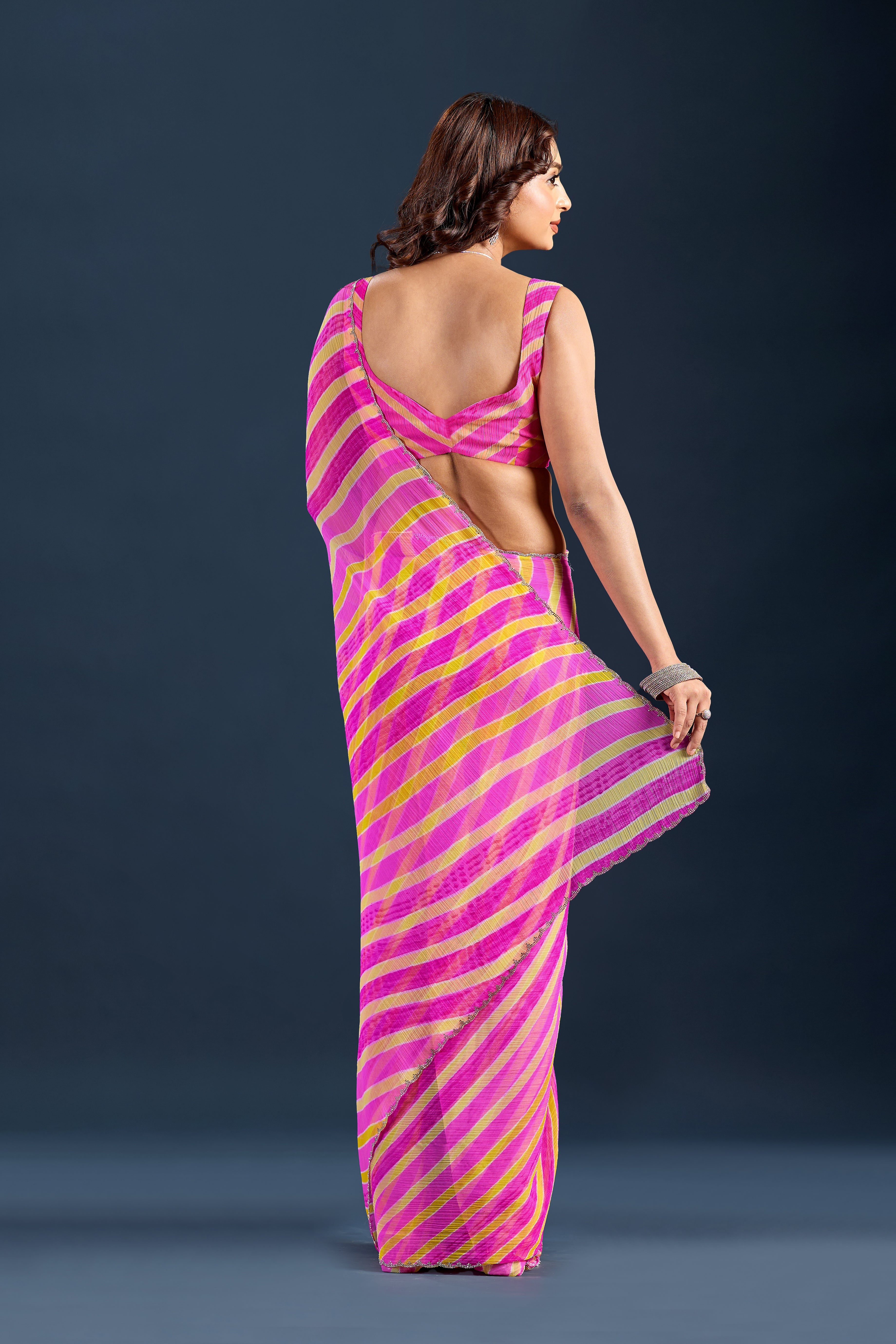 Rani Pink Chiffon Saree With Striped Print