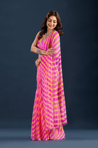 Rani Pink Chiffon Saree With Striped Print
