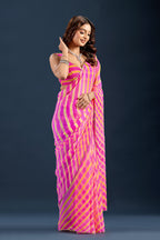 Rani Pink Chiffon Saree With Striped Print