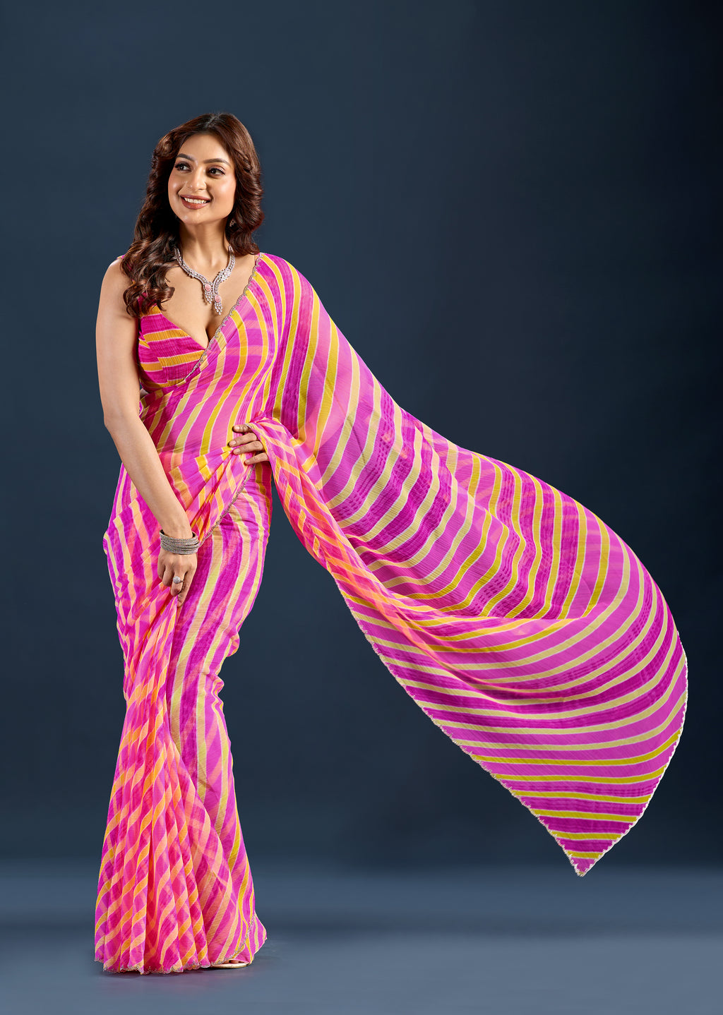 Rani Pink Chiffon Saree With Striped Print