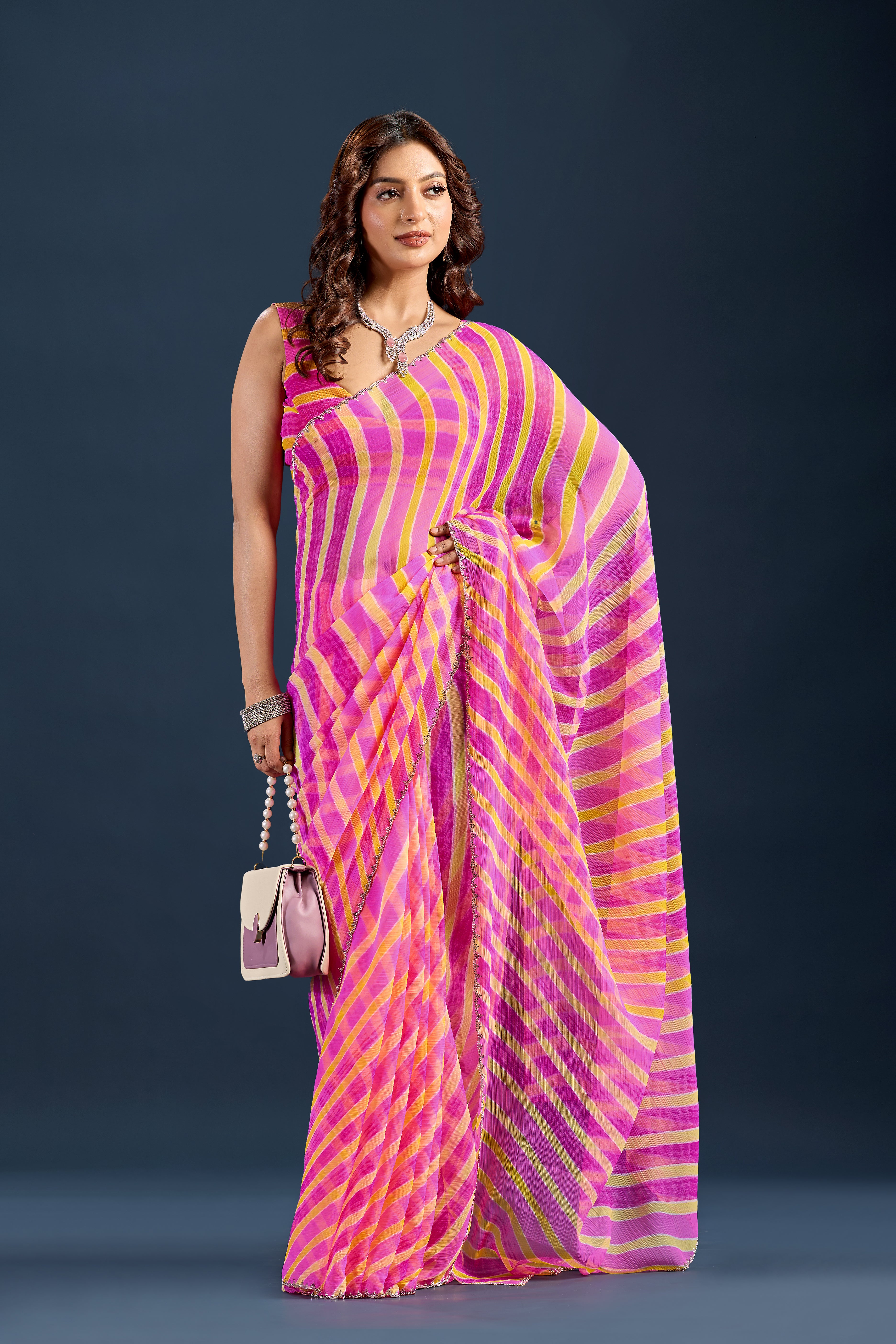 Rani Pink Chiffon Saree With Striped Print