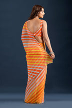Orange Chiffon Saree With Striped Print