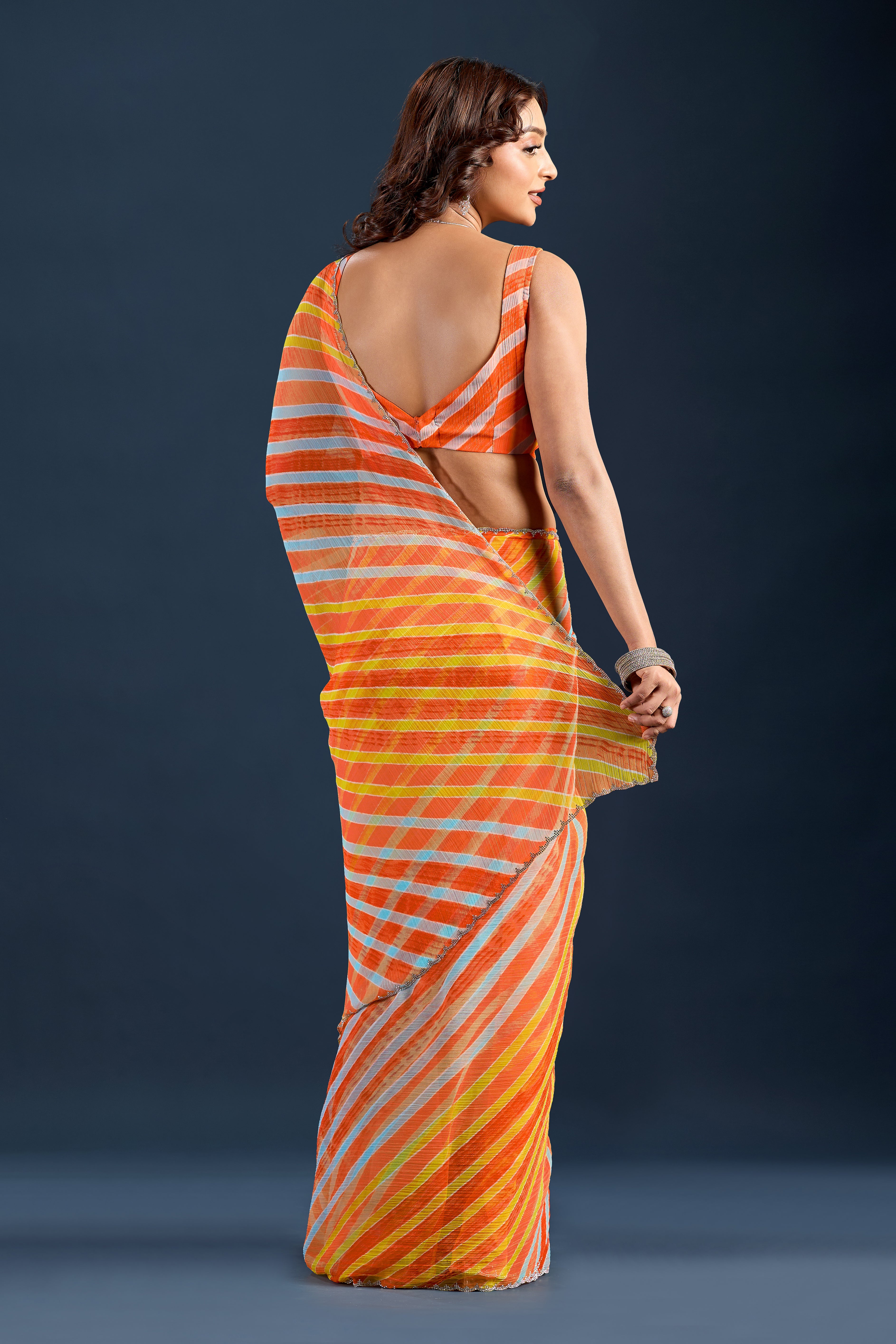 Orange Chiffon Saree With Striped Print