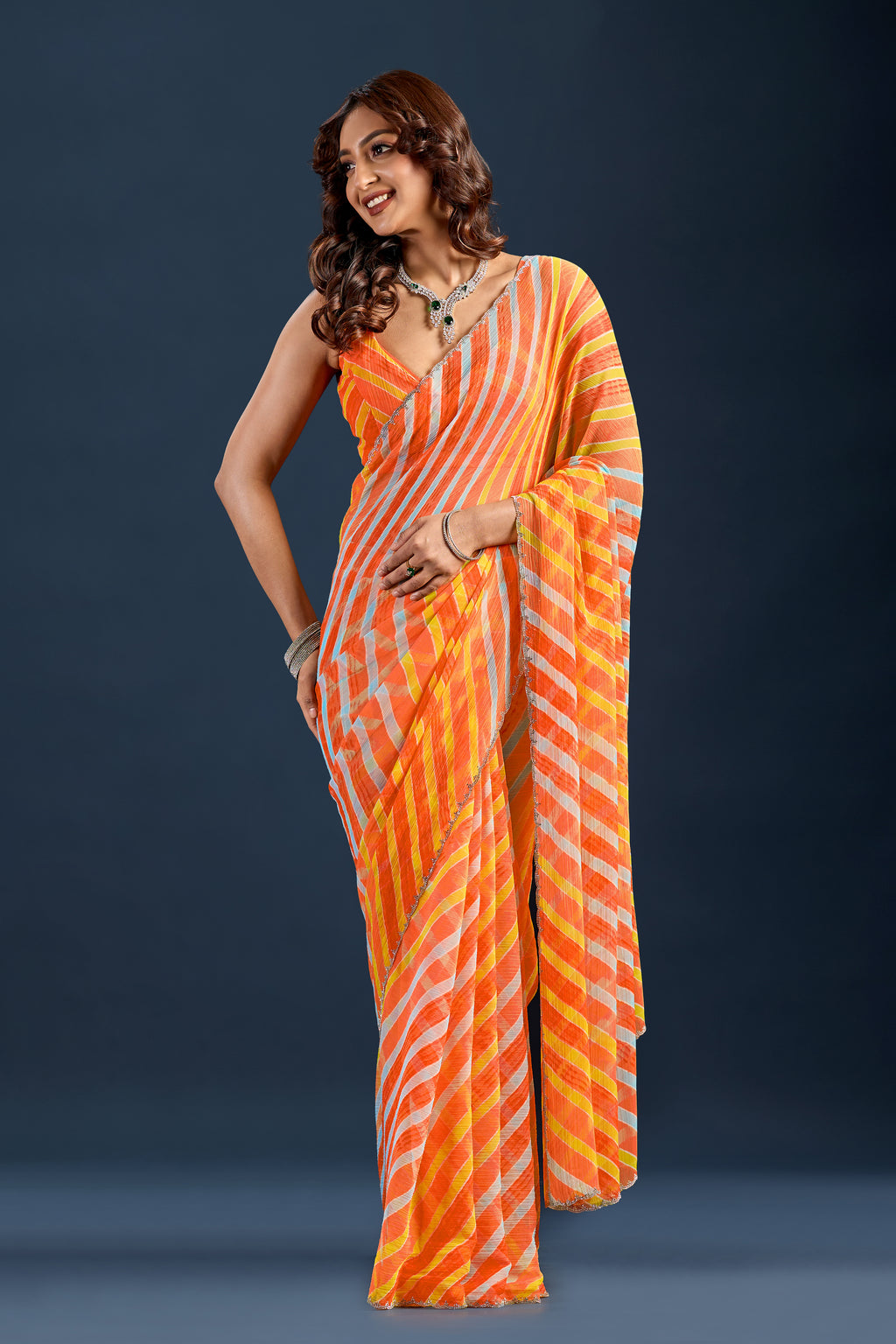 Orange Chiffon Saree With Striped Print