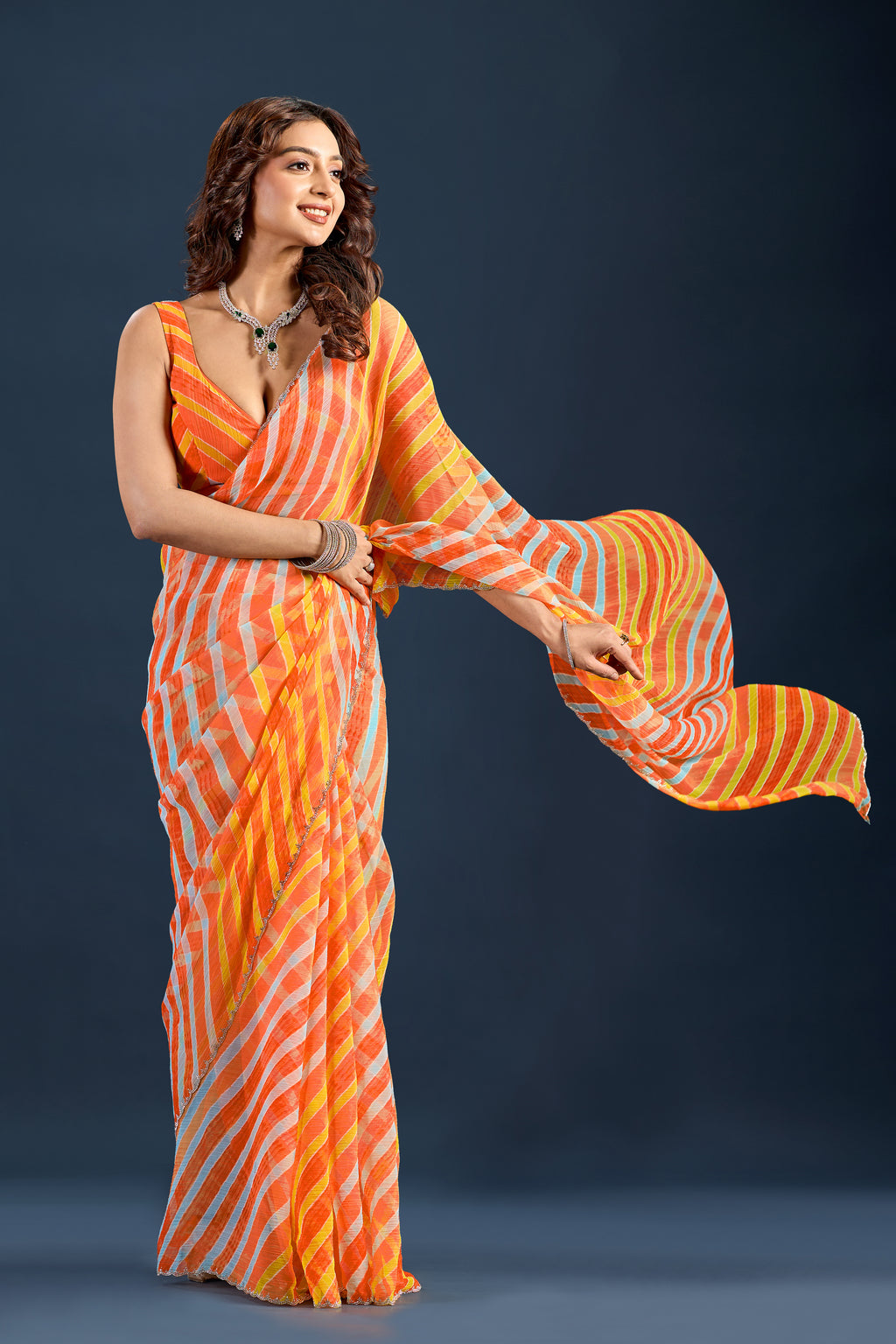 Orange Chiffon Saree With Striped Print