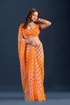 Orange Chiffon Saree With Striped Print