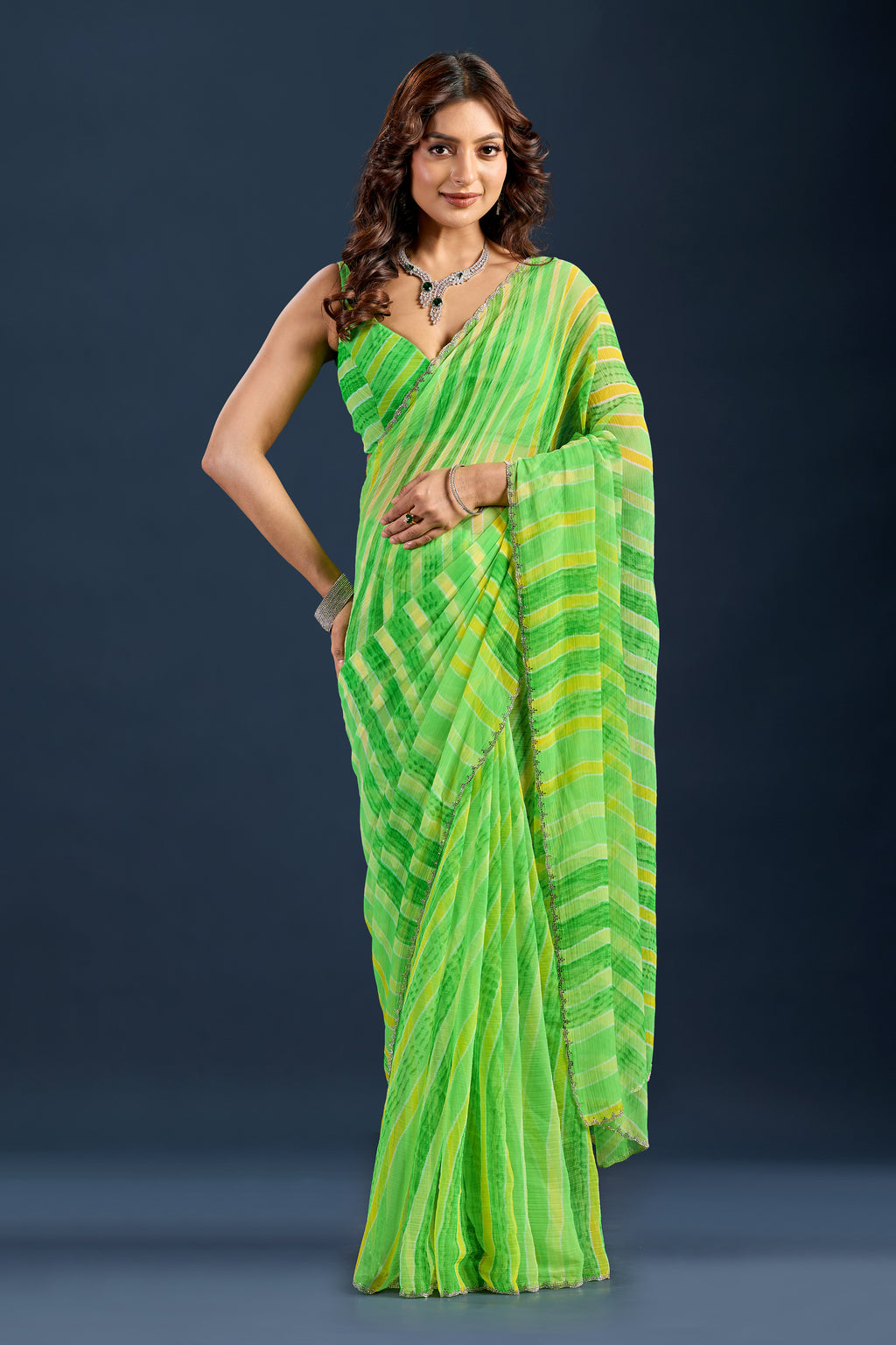 Parrot Green Chiffon Saree With Striped Print