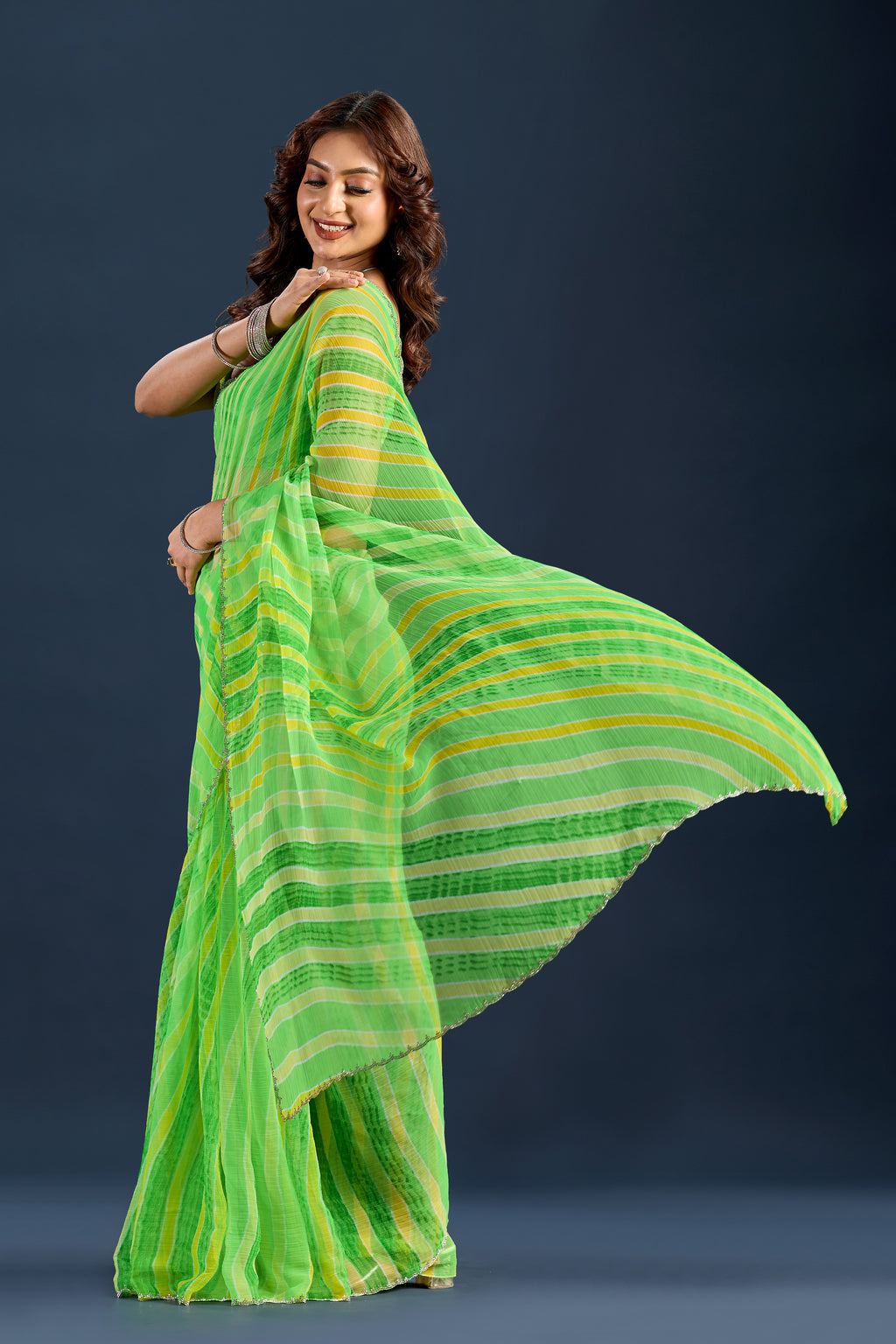 Parrot Green Chiffon Saree With Striped Print