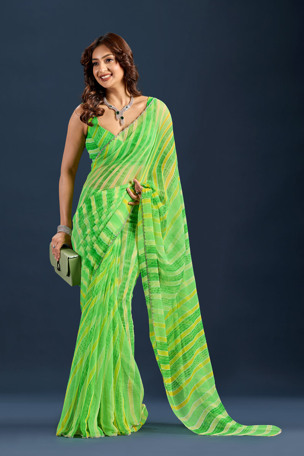Parrot Green Chiffon Saree With Striped Print