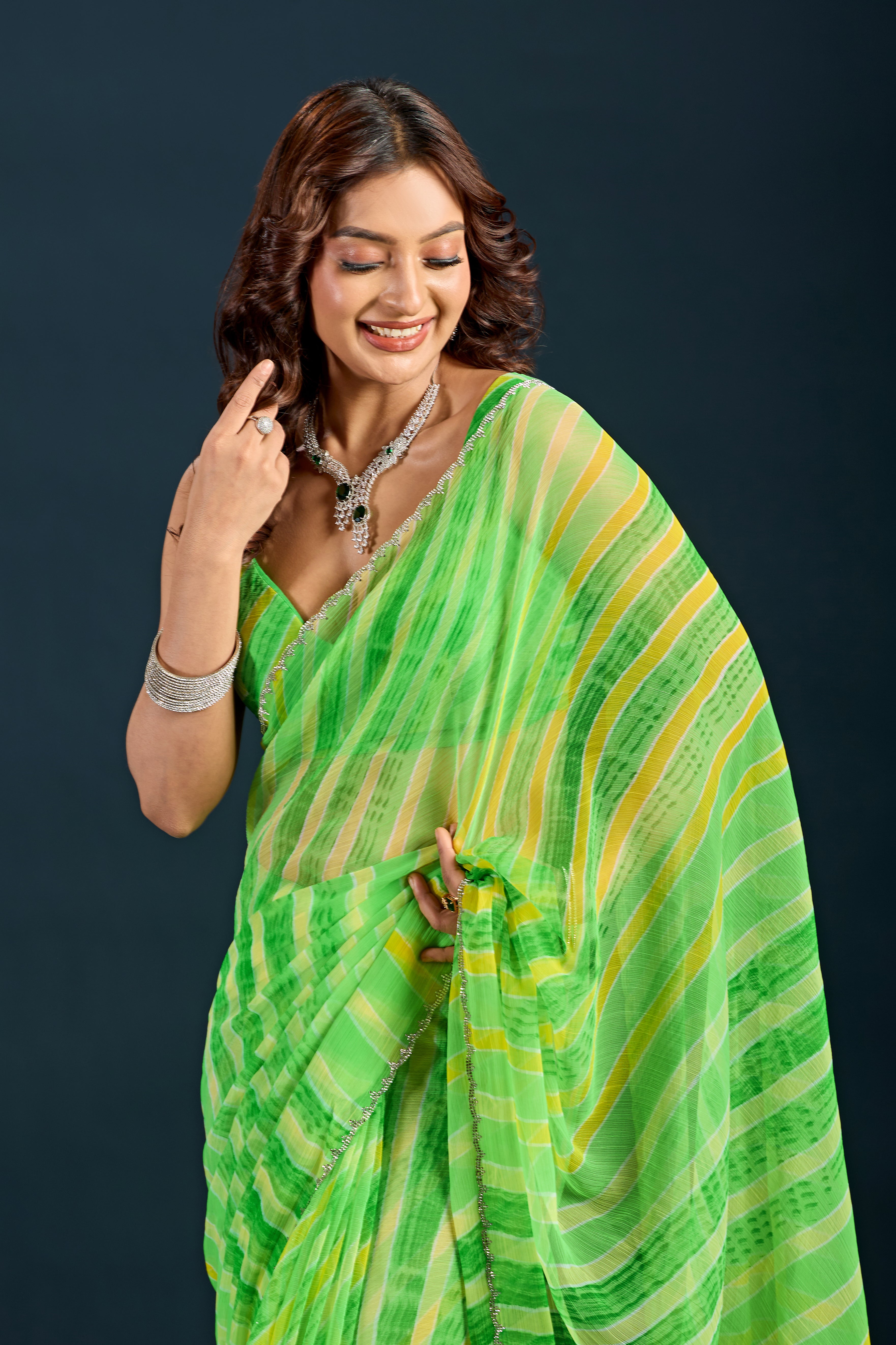 Parrot Green Chiffon Saree With Striped Print