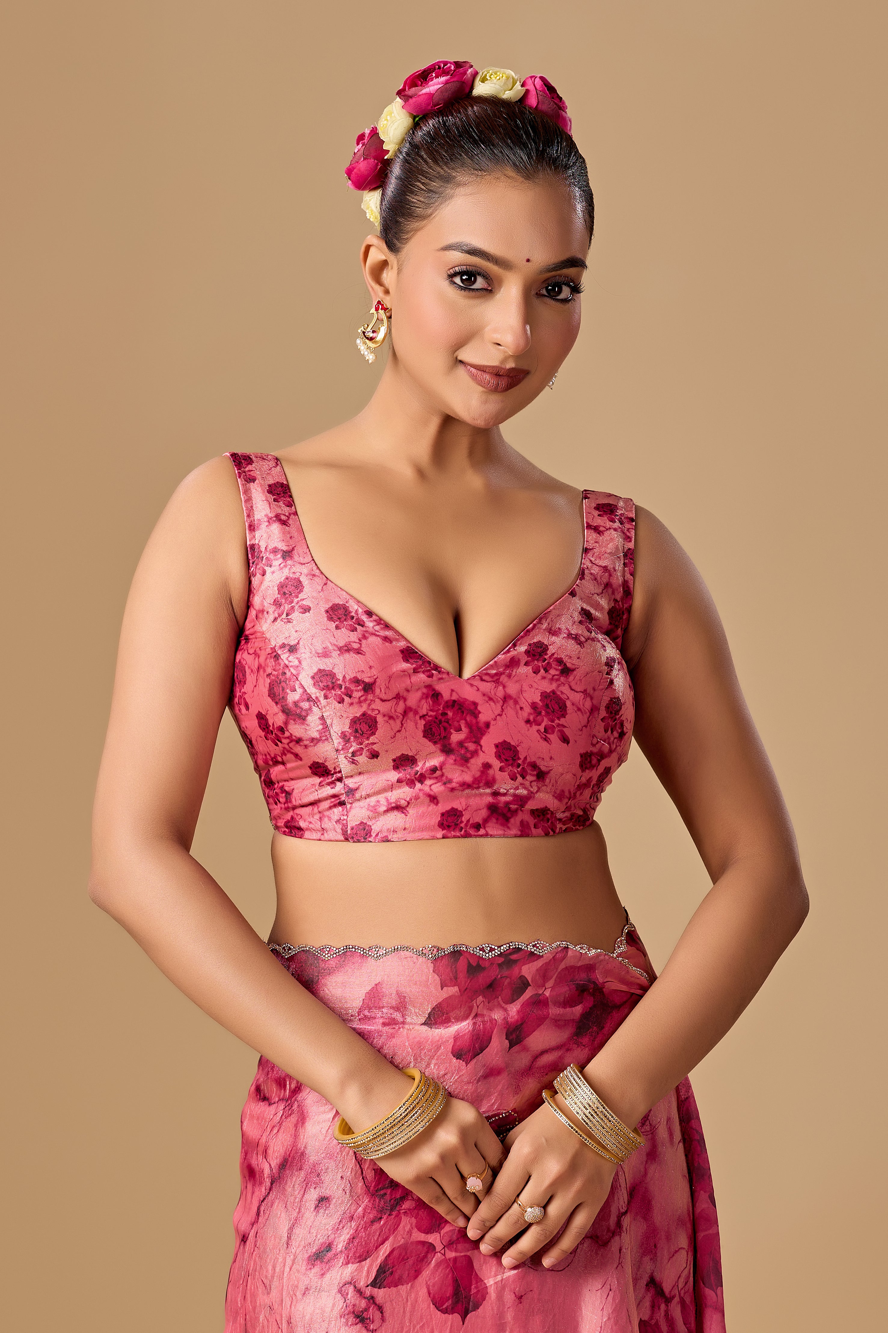 Rose Red Organza Silk Saree With Stone Work