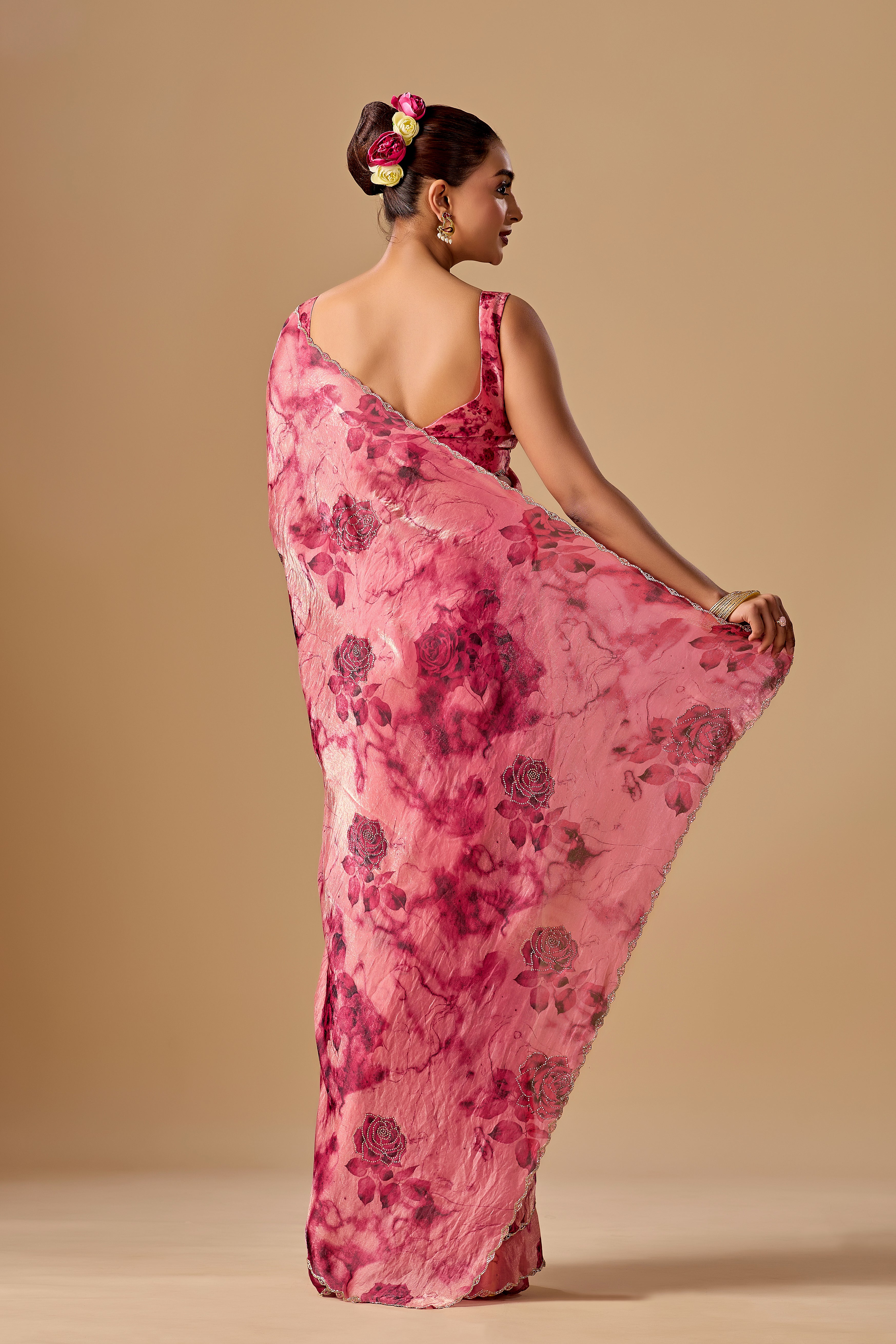 Rose Red Organza Silk Saree With Stone Work