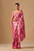 Rose Red Organza Silk Saree With Stone Work